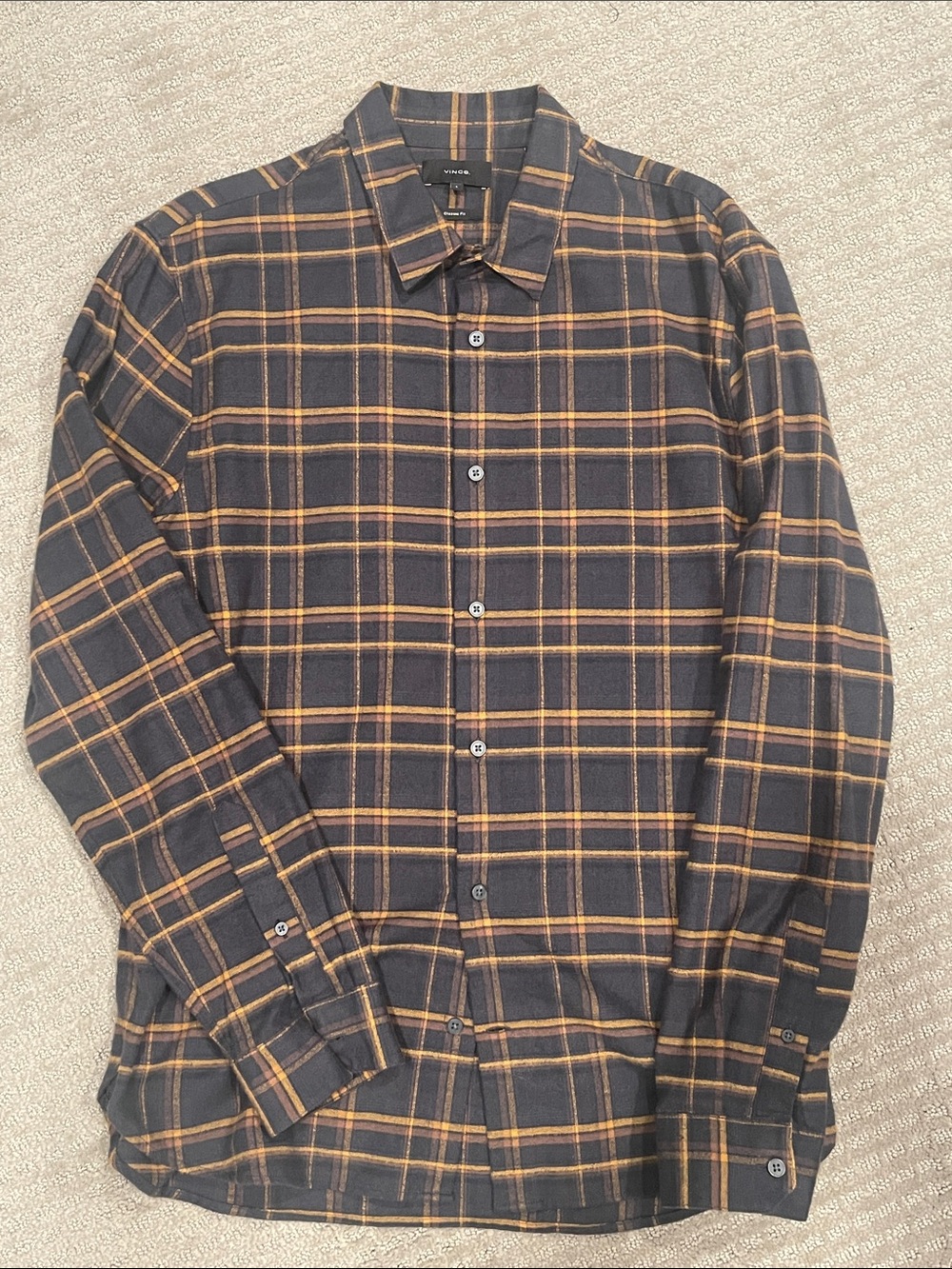 Vince Dark Brown and Mustard Plaid Button-Down Shirt